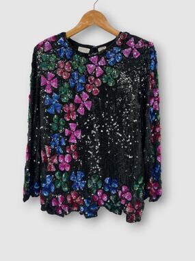 80s Vintage Black Sequin Floral Silk Top Sequined Party Blouse Size Medium